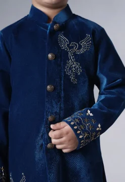 Hand Embroidered Velvet Sherwani Set in Teal Blue
