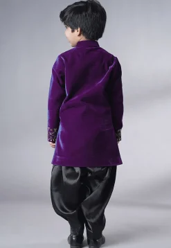 Hand Embroidered Velvet Sherwani Set in Purple
