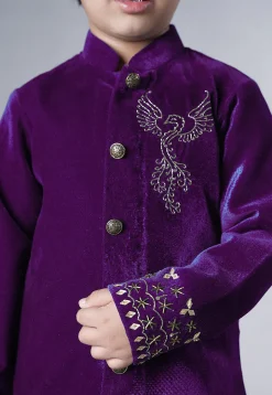 Hand Embroidered Velvet Sherwani Set in Purple