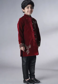 Hand Embroidered Velvet Sherwani Set in Maroon