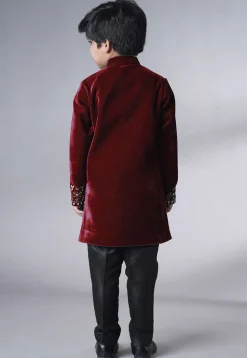 Hand Embroidered Velvet Sherwani Set in Maroon