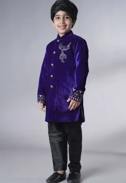 Hand Embroidered Velvet Sherwani Set in Royal Blue