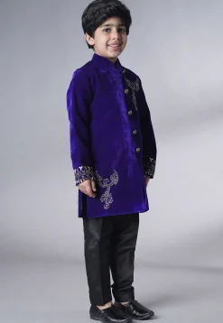 Hand Embroidered Velvet Sherwani Set in Royal Blue