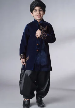 Hand Embroidered Velvet Sherwani Set in Navy Blue