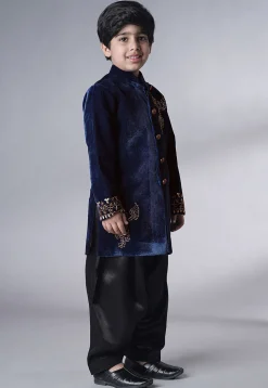 Hand Embroidered Velvet Sherwani Set in Navy Blue