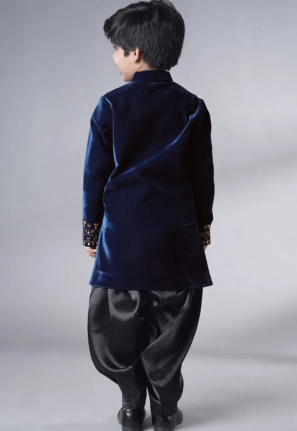 Hand Embroidered Velvet Sherwani Set in Navy Blue