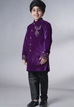 Hand Embroidered Velvet Sherwani Set in Purple