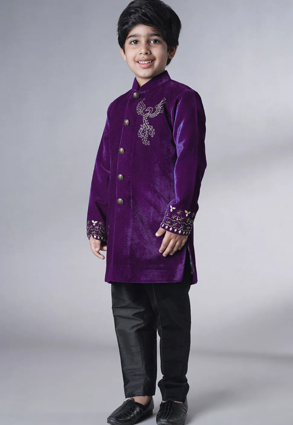 Hand Embroidered Velvet Sherwani Set in Purple