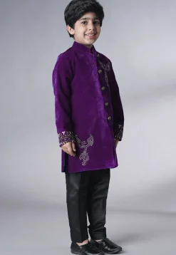 Hand Embroidered Velvet Sherwani Set in Purple