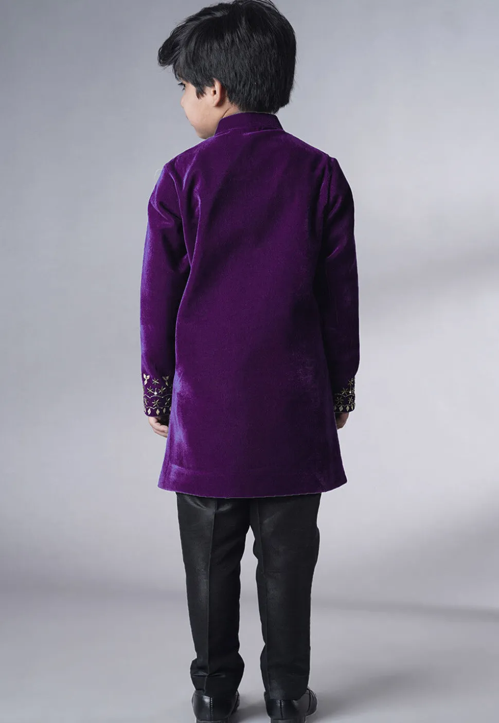 Hand Embroidered Velvet Sherwani Set in Purple