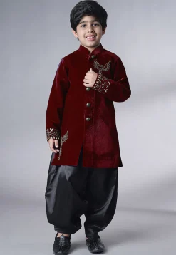 Hand Embroidered Velvet Sherwani Set in Maroon