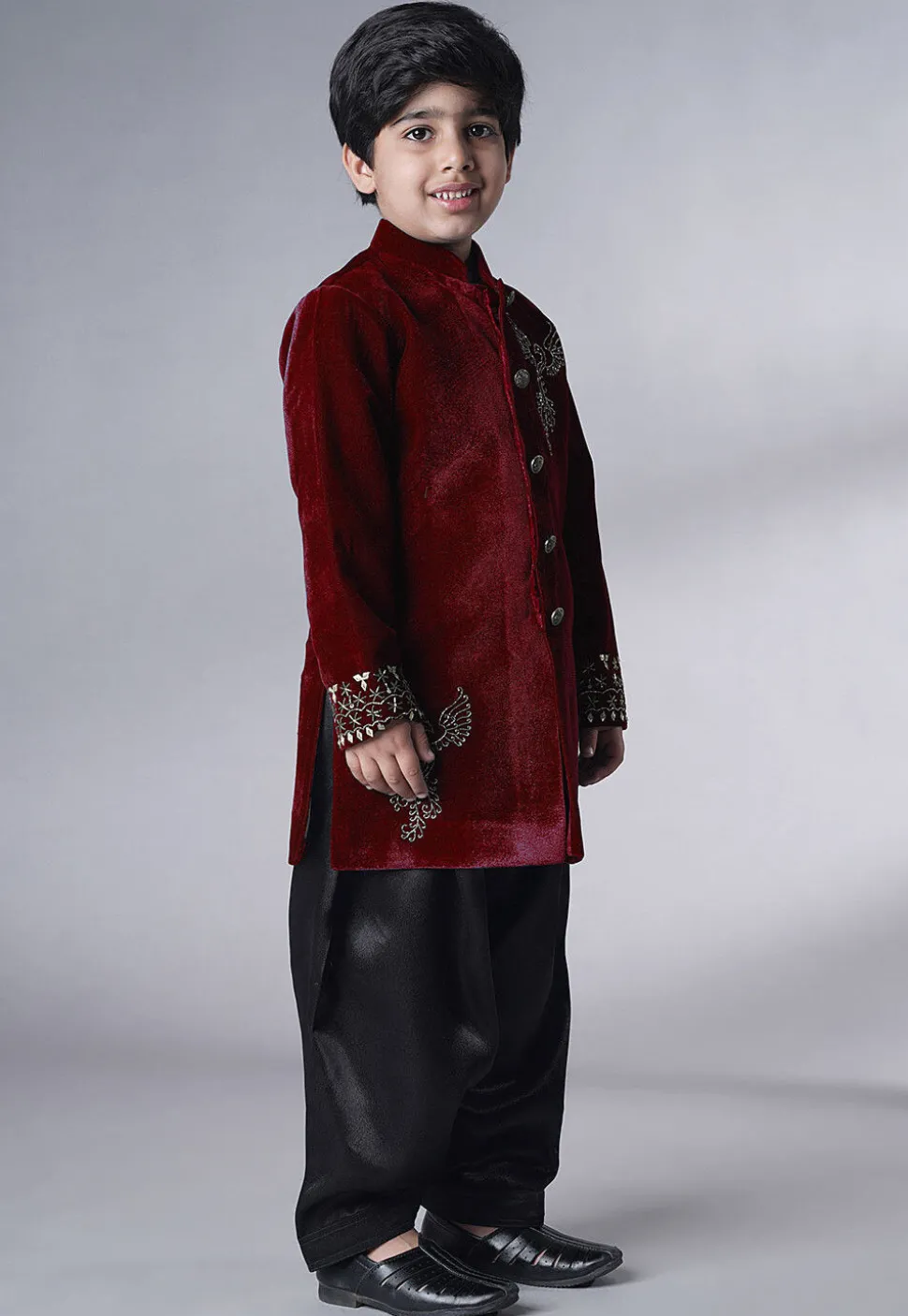 Hand Embroidered Velvet Sherwani Set in Maroon