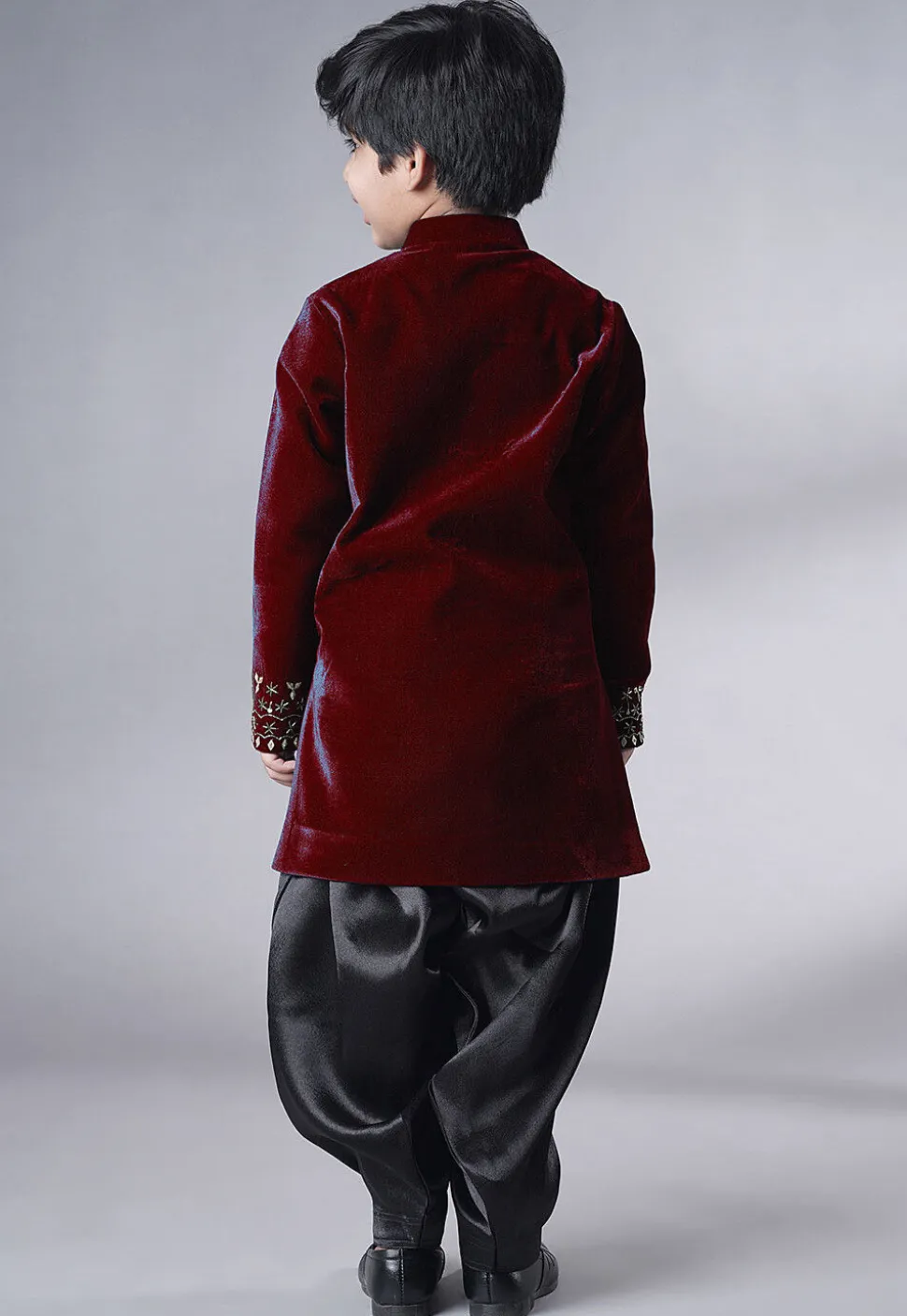 Hand Embroidered Velvet Sherwani Set in Maroon