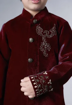 Hand Embroidered Velvet Sherwani Set in Maroon