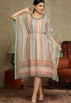 Hand Embroidered Vicose Georgette Kaftan Kurta in Multicolor