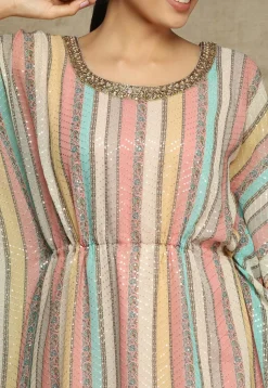 Hand Embroidered Vicose Georgette Kaftan Kurta in Multicolor
