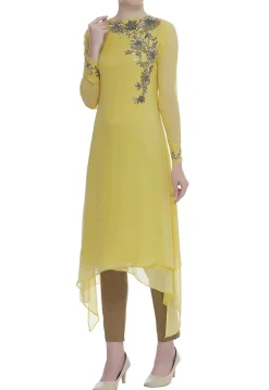 Hand Embroidered Viscose Georgette Kurta Set in Yellow