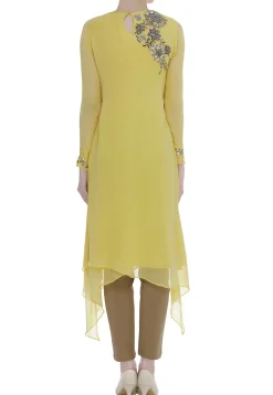 Hand Embroidered Viscose Georgette Kurta Set in Yellow