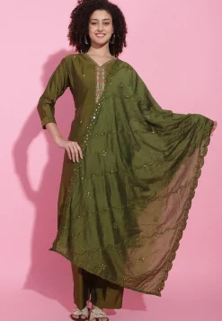 Hand Embroidered Viscose Silk Pakistani Suit in Olive Green