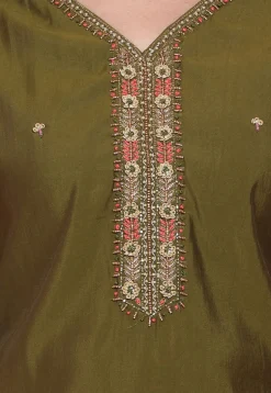 Hand Embroidered Viscose Silk Pakistani Suit in Olive Green