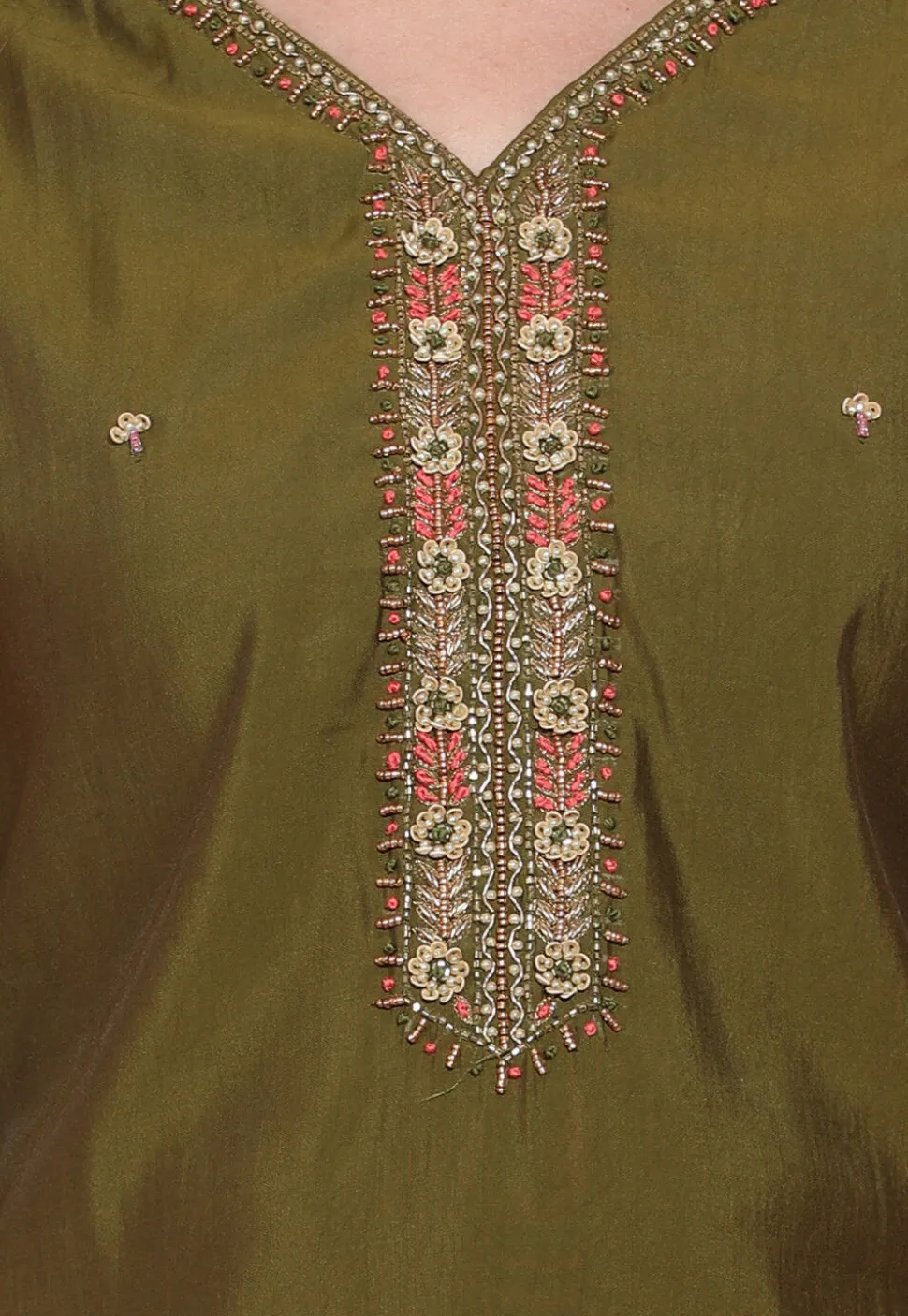Hand Embroidered Viscose Silk Pakistani Suit in Olive Green