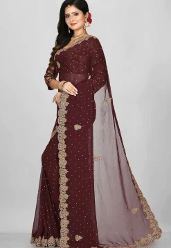 Hand Embroidered Viscose Georgette Saree in Dark Brown