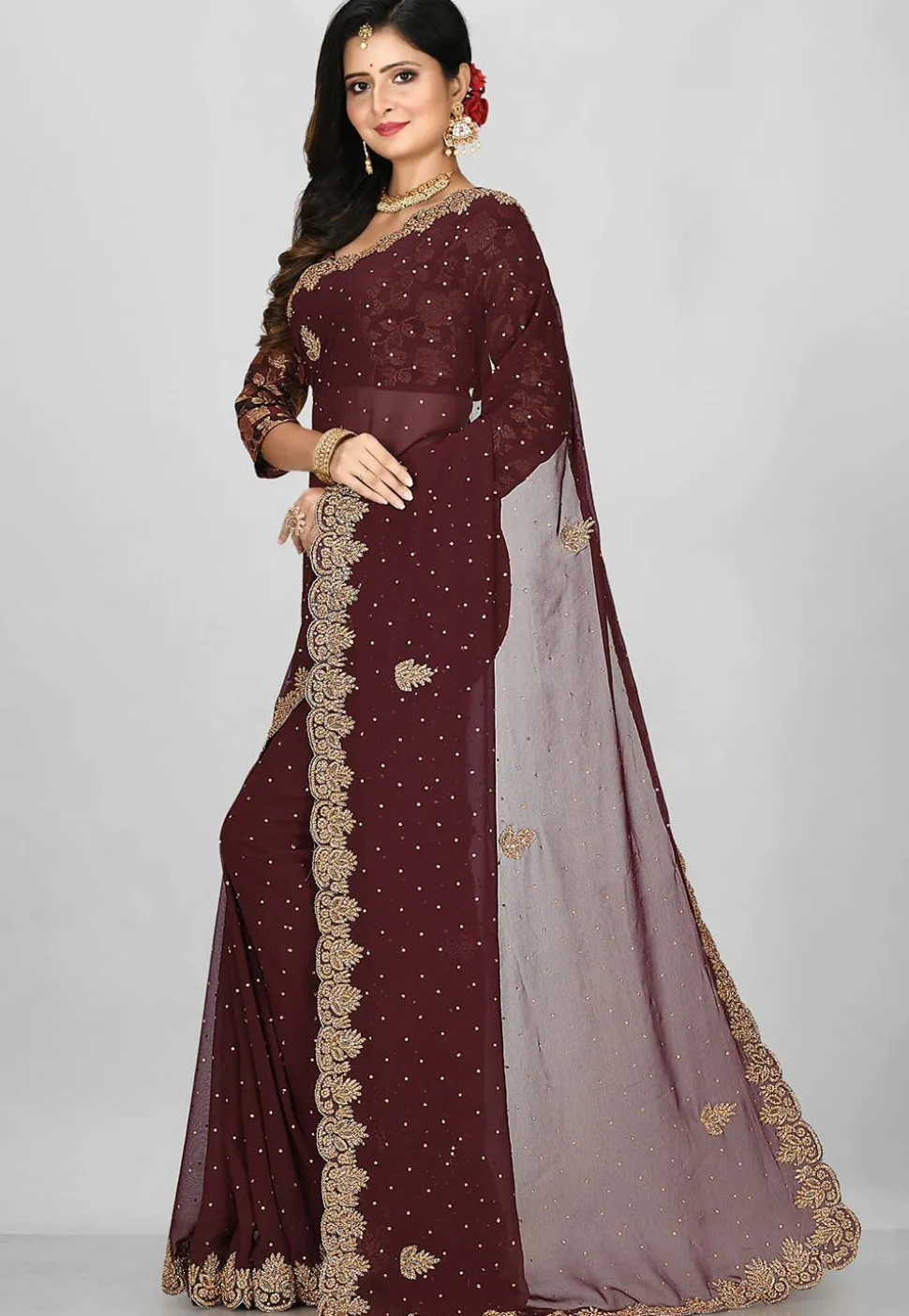 Hand Embroidered Viscose Georgette Saree in Dark Brown