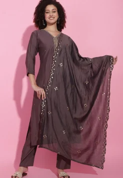 Hand Embroidered Viscose Silk Pakistani Suit in Brown