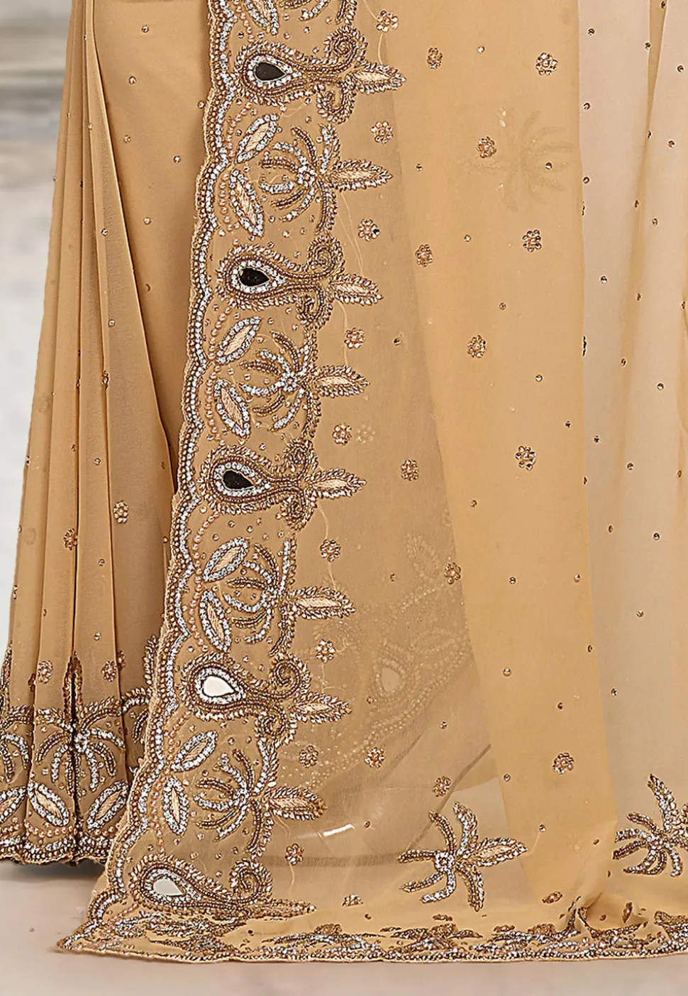 Hand Embroidered Viscose Georgette Saree in Beige