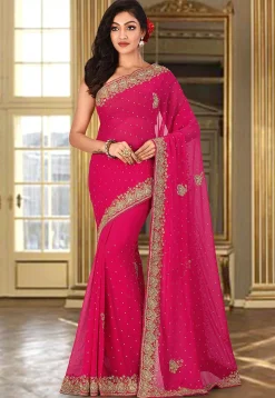 Hand Embroidered Viscose Georgette Saree in Fuchsia