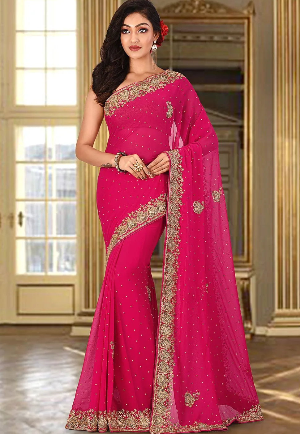 Hand Embroidered Viscose Georgette Saree in Fuchsia