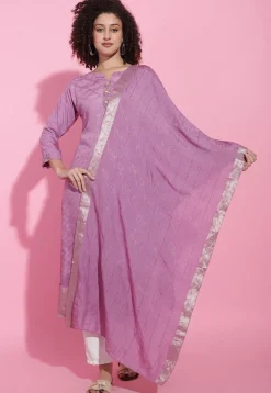 Hand Embroidered Viscose Silk Jacquard Pakistani Suit in Light Purple