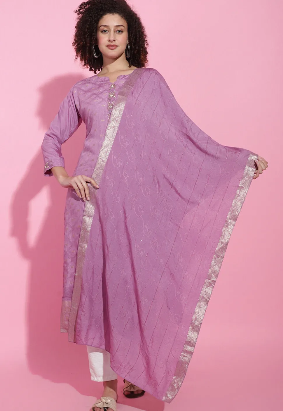 Hand Embroidered Viscose Silk Jacquard Pakistani Suit in Light Purple