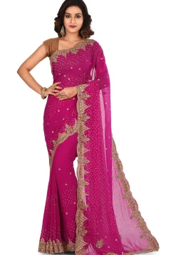 Hand Embroidered Viscose Georgette Saree in Fuchsia
