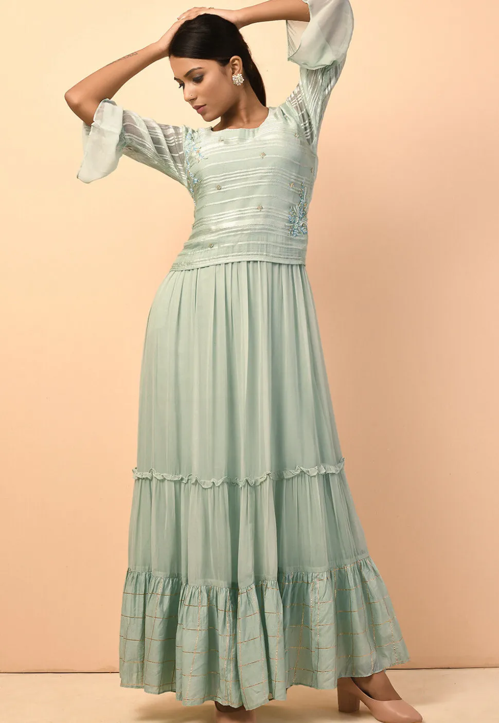 Hand Embroidered Viscose Georgette Tiered Gown in Dusty Green