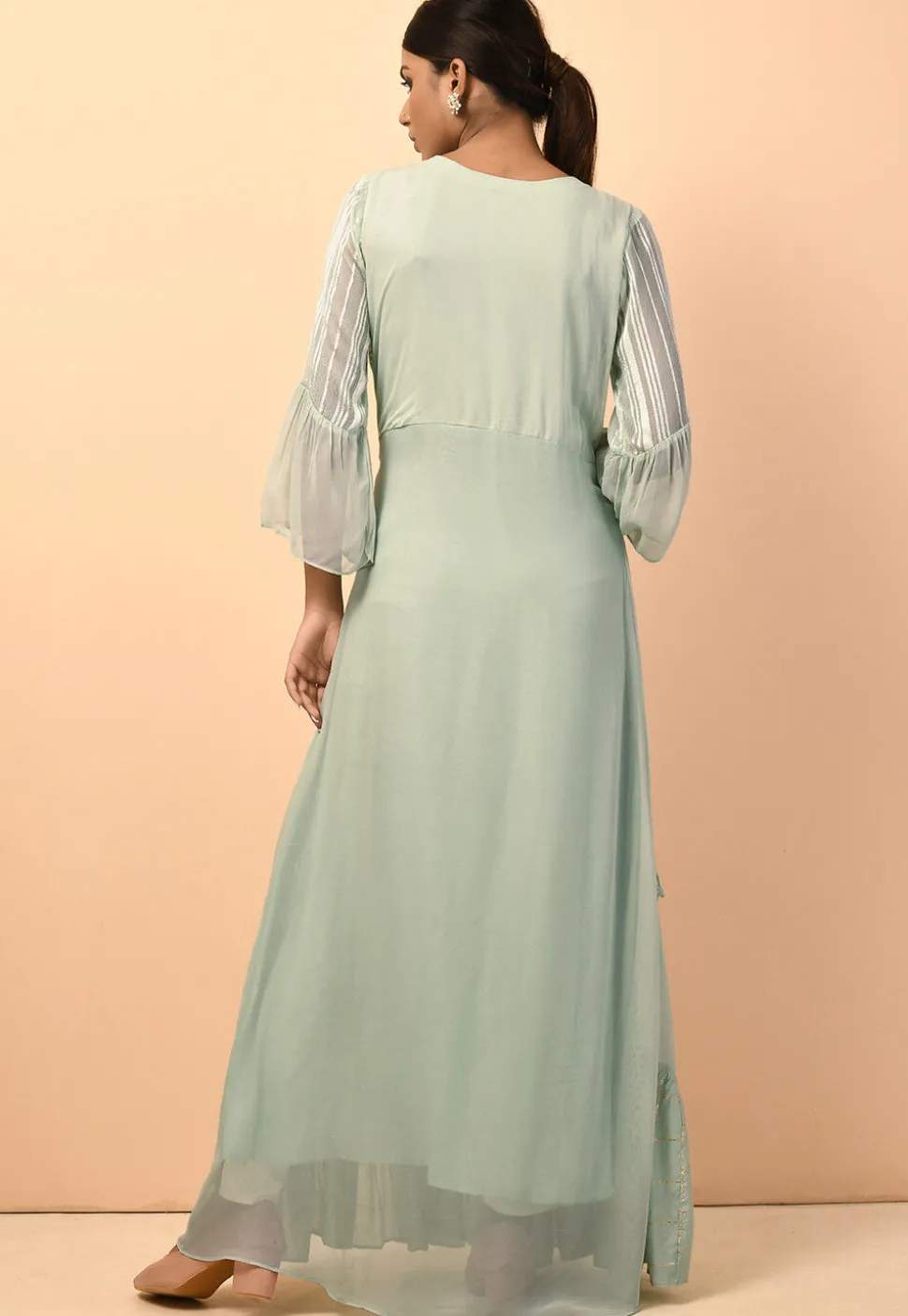 Hand Embroidered Viscose Georgette Tiered Gown in Dusty Green