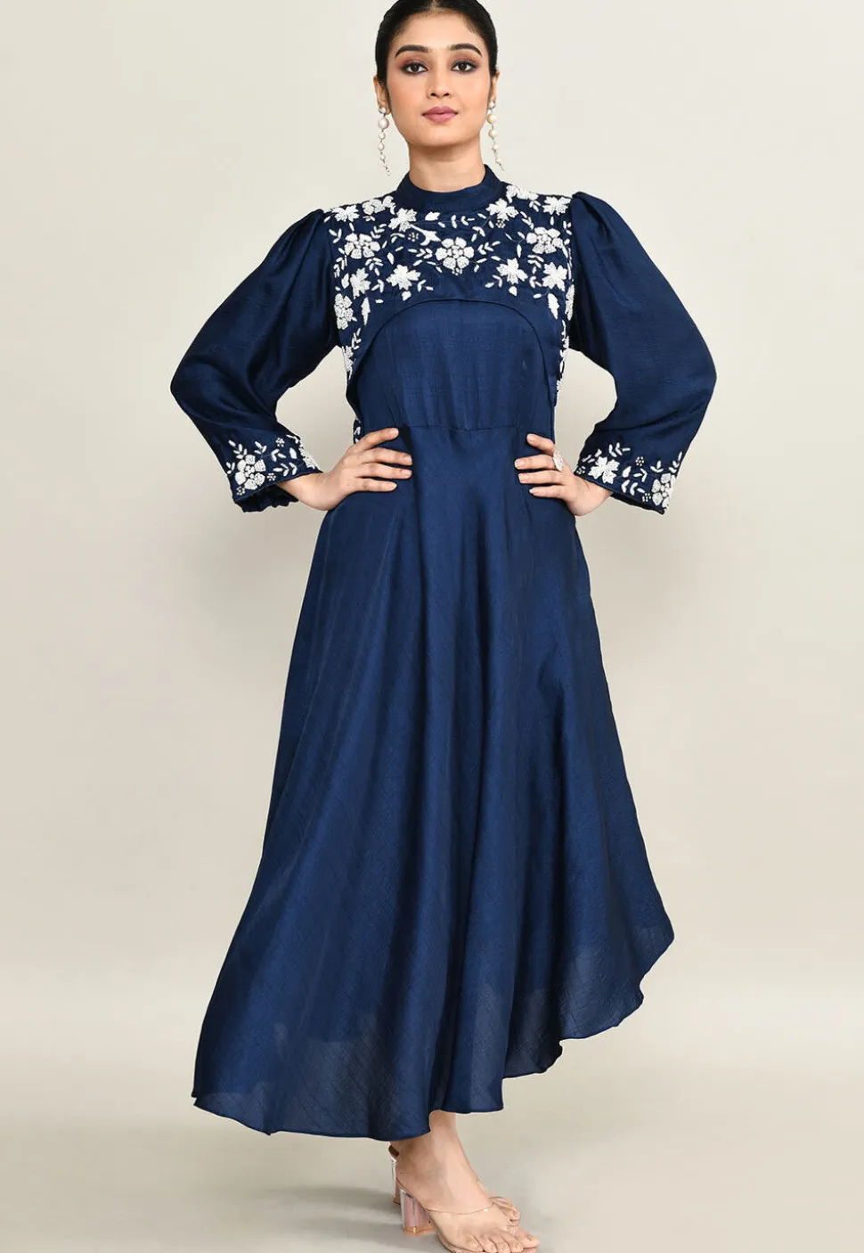 Hand Embroidered Viscose Silk Asymmetric Dress in Navy Blue