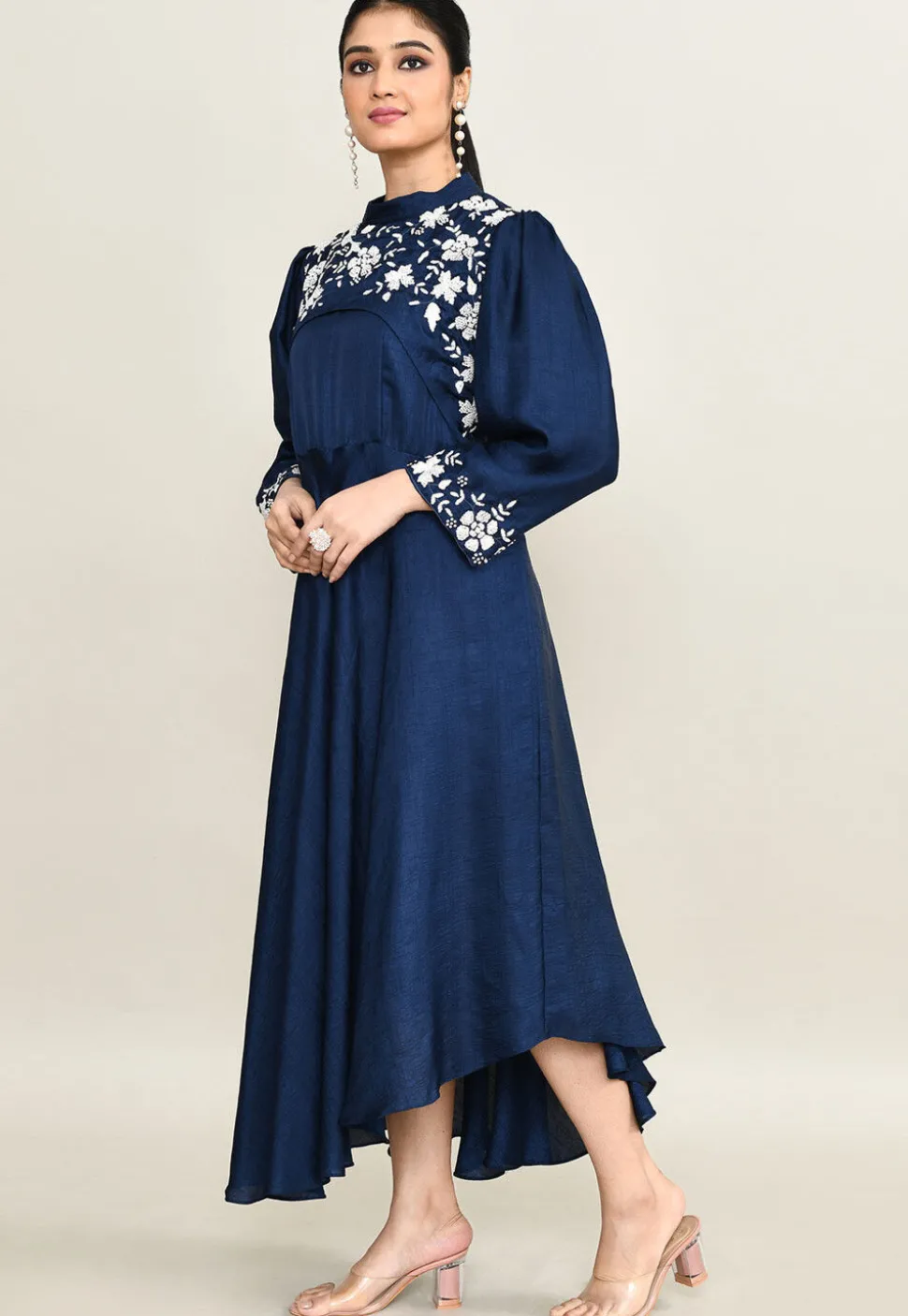 Hand Embroidered Viscose Silk Asymmetric Dress in Navy Blue