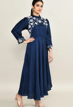 Hand Embroidered Viscose Silk Asymmetric Dress in Navy Blue