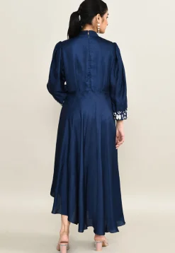 Hand Embroidered Viscose Silk Asymmetric Dress in Navy Blue
