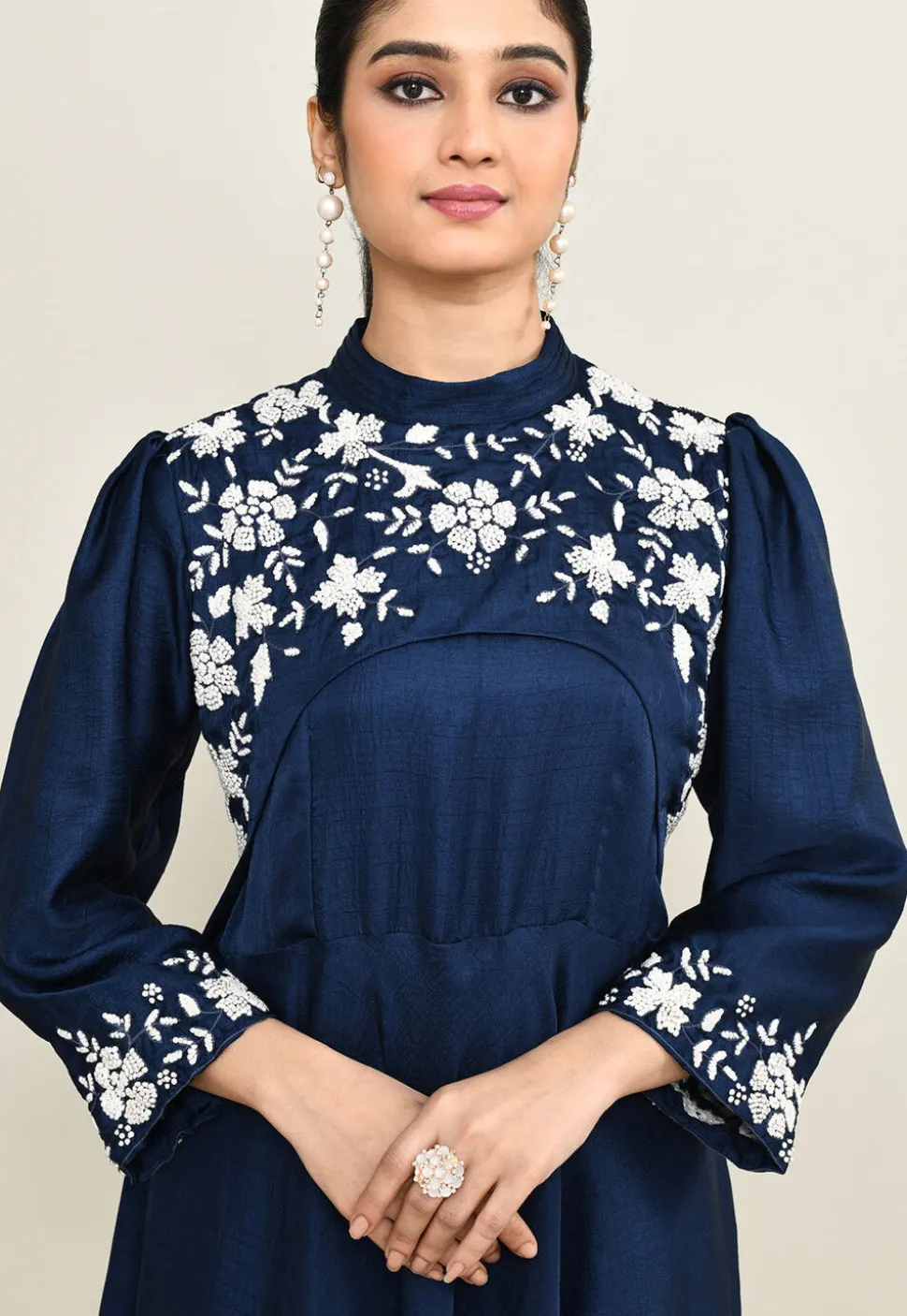 Hand Embroidered Viscose Silk Asymmetric Dress in Navy Blue