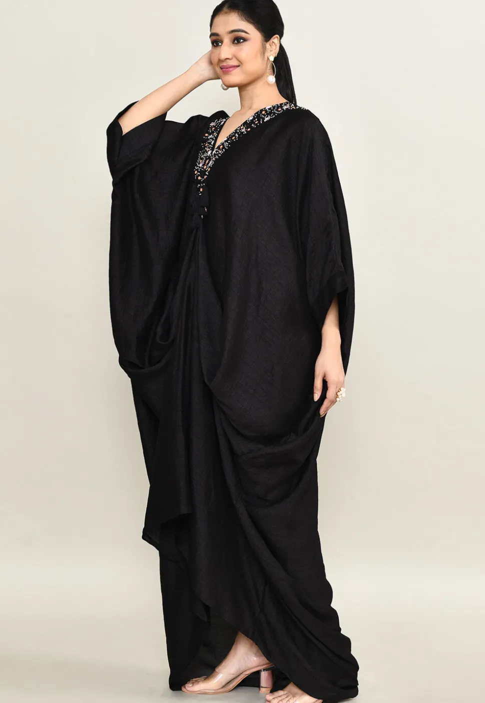 Hand Embroidered Viscose Silk Kaftan Dress in Black