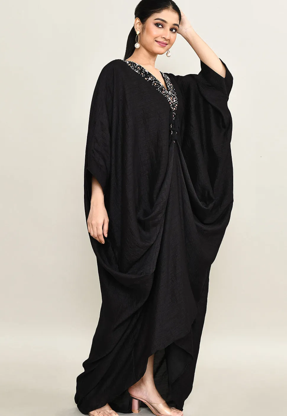Hand Embroidered Viscose Silk Kaftan Dress in Black