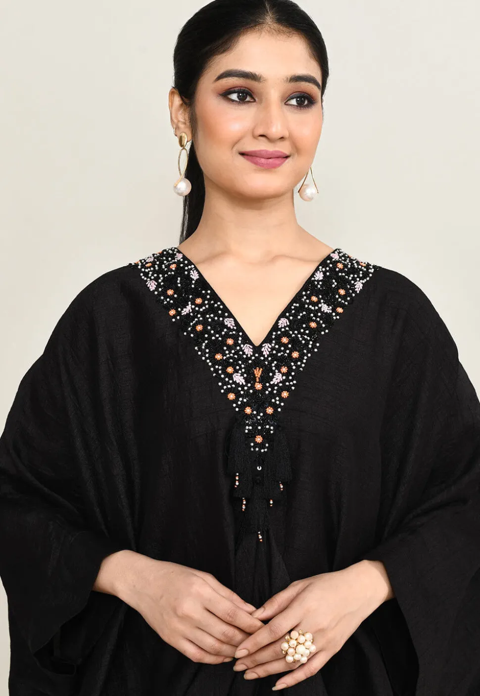 Hand Embroidered Viscose Silk Kaftan Dress in Black