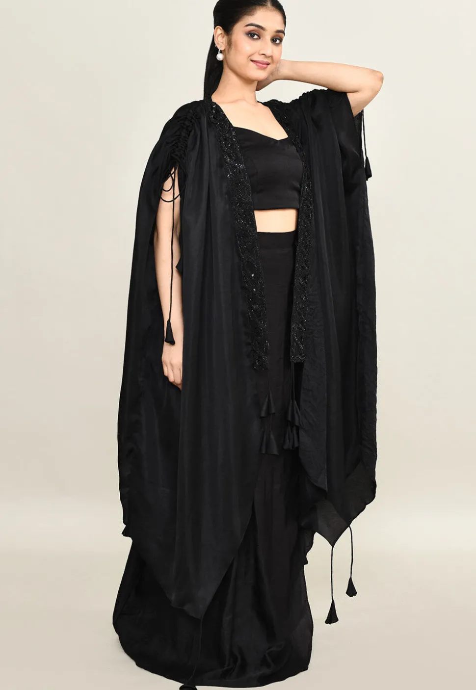 Hand Embroidered Viscose Cotton Crop Top Set in Black