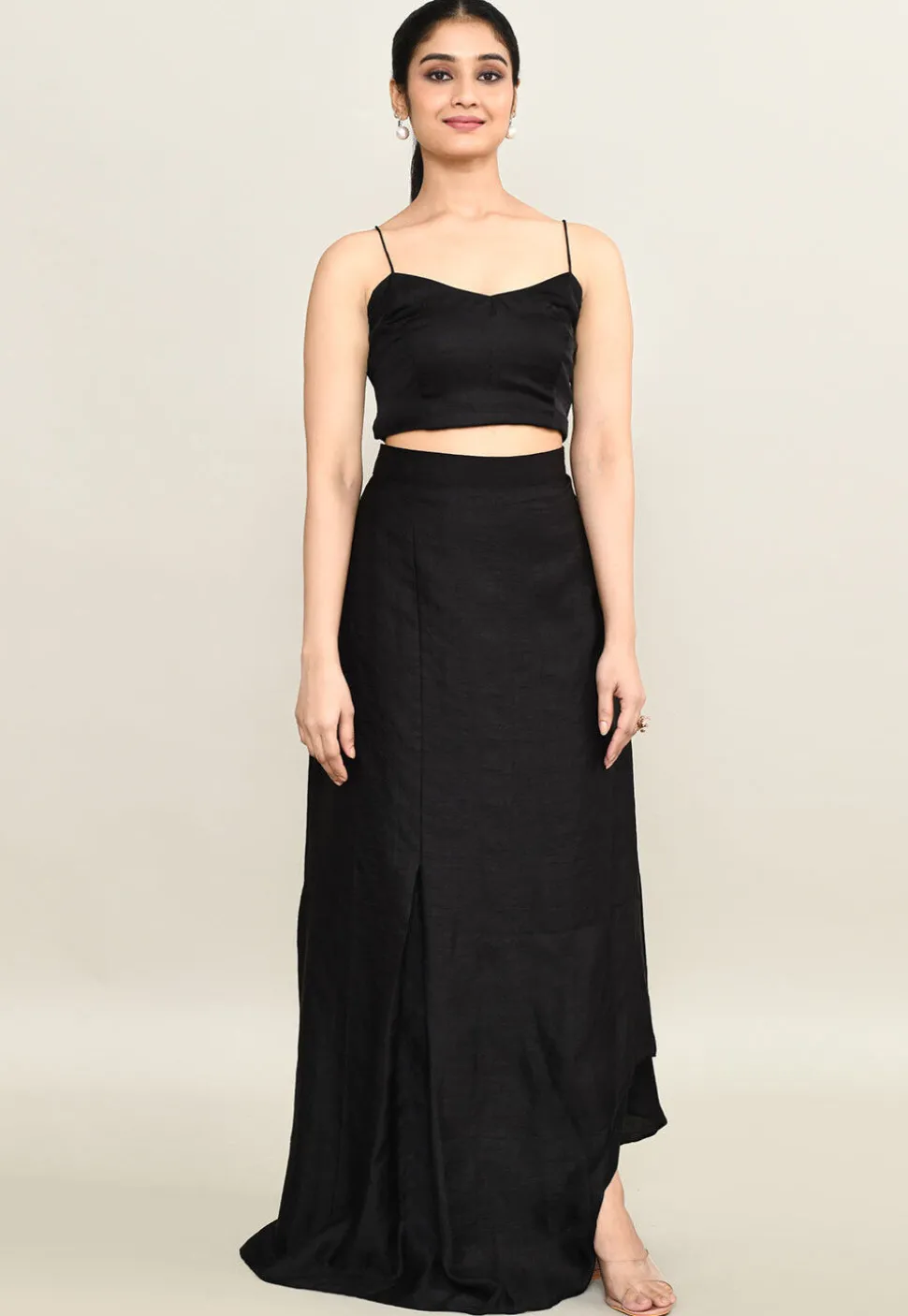 Hand Embroidered Viscose Cotton Crop Top Set in Black
