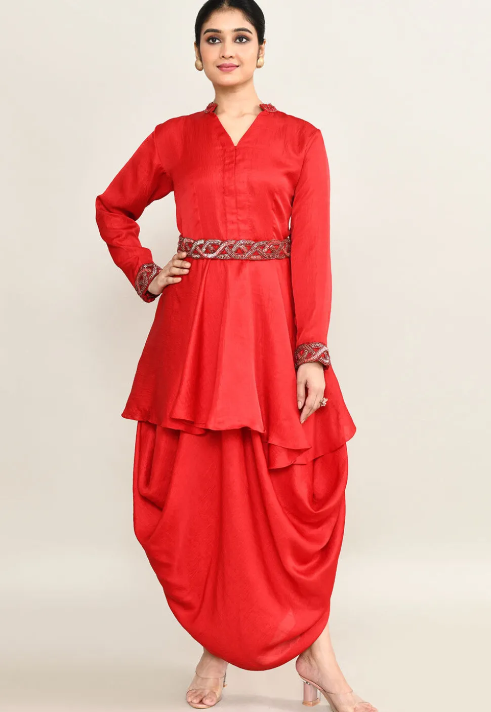 Hand Embroidered Viscose Cotton A Line Kurti Set in Red