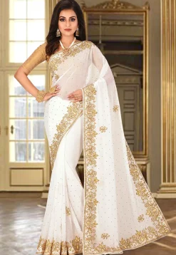 Hand Embroidered Viscose Georgette Saree in White