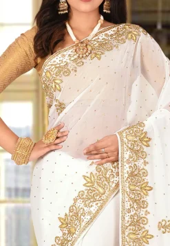 Hand Embroidered Viscose Georgette Saree in White