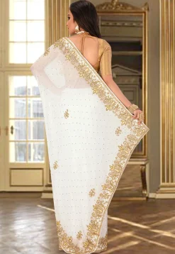 Hand Embroidered Viscose Georgette Saree in White